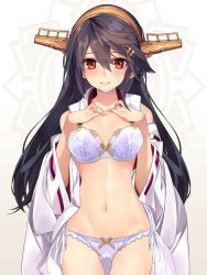 Rule 34 | 1girl, bad id, bad twitter id, bare shoulders, black hair, blush, bra, breast suppress, breasts, brown eyes, cleavage, collarbone, cowboy shot, detached sleeves, hair ornament, hairband, hairclip, haruna (kancolle), headgear, kantai collection, large breasts, lingerie, long hair, looking at viewer, navel, nontraditional miko, open clothes, panties, ribbon-trimmed bra, ribbon-trimmed panties, shirokitsune, side-tie panties, sidelocks, smile, solo, stomach, swept bangs, underwear, white bra, white panties