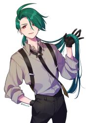 Rule 34 | 1girl, ahoge, androgynous, black gloves, black necktie, black pants, bright pupils, collared shirt, creatures (company), earrings, game freak, gloves, green hair, grey shirt, hand in own hair, hand in pocket, highres, jewelry, long hair, necktie, nintendo, open mouth, pants, pokemon, pokemon sv, ponytail, red eyes, rika (pokemon), shinishi chiho, shirt, smile, solo, suspenders, very long hair, white pupils