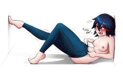 Rule 34 | 1girl, barefoot, blue hair, breasts, denim, dressing, english text, failure, full body, highres, jeans, kill la kill, lying, matoi ryuuko, medium breasts, multicolored hair, nipples, on back, pants, partially undressed, pudgeruffian, red hair, short hair, solo, toe-point, white background