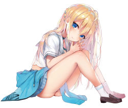 Rule 34 | 1girl, ahoge, blonde hair, blouse, blue eyes, blue skirt, blue sweater, boku no shiranai love come, braid, brown footwear, character request, closed mouth, clothes around waist, clothes between thighs, commentary request, from side, full body, hair ornament, hood, hooded sweater, interlocked fingers, knees up, long hair, looking at viewer, pleated skirt, pyon-kichi, school uniform, shiny skin, shirt, shoes, short sleeves, simple background, sitting, skirt, smile, socks, solo, sweater, sweater around waist, white background, white shirt, white socks, yanagito nozomi