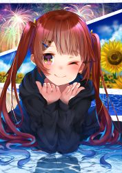 Rule 34 | 1girl, absurdres, beach, blush, brown hair, closed mouth, cloud, commentary request, edamame (momonga0308), fireworks, flower, hair ornament, hairclip, heart, heart-shaped pupils, highres, huge filesize, long hair, looking at viewer, ocean, one eye closed, original, sky, smile, solo, summer, sunflower, symbol-shaped pupils, twintails, water, yellow eyes