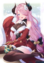 Rule 34 | 1girl, :d, bare shoulders, belt, between fingers, black gloves, blue eyes, blurry, blurry background, bow, box, braid, breasts, brown thighhighs, bug, butterfly, christmas, crown braid, detached sleeves, draph, dress, fang, feet out of frame, fur trim, gift, gift box, gloves, granblue fantasy, hair bow, hair ornament, hair over one eye, hand up, heart, high heels, highres, holding, holly hair ornament, horns, insect, kaede (mmkeyy), large breasts, long hair, looking at viewer, low-tied long hair, low tied hair, narmaya (granblue fantasy), narmaya (holiday) (granblue fantasy), one eye covered, open mouth, pink hair, pointy ears, pom pom (clothes), santa dress, sash, side braid, sitting, skin tight, sleeves past wrists, smile, snowman hair ornament, solo, thighhighs, transparent butterfly, very long hair, wariza, white background, yellow footwear