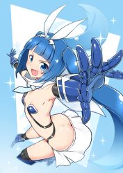 Rule 34 | 1girl, :d, alternate costume, arched back, armor, armored boots, ass, bikini armor, blue eyes, blue hair, blunt bangs, blurry, blush, boots, breasts, commentary request, depth of field, gauntlets, hairband, knee boots, long hair, looking at viewer, mascot, miniskirt, nipako, open hands, open mouth, outstretched arms, skirt, small breasts, smile, solo, sparkle, twintails, ultimate nipper, white skirt, yuto (dialique)