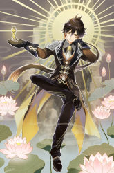 Rule 34 | 1boy, absurdres, black gloves, black hair, brown hair, closed mouth, collar, collared shirt, crossed legs, earrings, floating, floating object, flower, formal, genshin impact, gloves, gnosis (genshin impact), hair between eyes, hand on own cheek, hand on own face, highres, jacket, jewelry, lily pad, long hair, long sleeves, lotus, male focus, multicolored hair, pants, ponytail, ring, seto (gf gnsn), shirt, shoes, single earring, solo, suit, yellow eyes, zhongli (genshin impact)