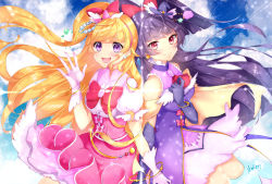 Rule 34 | 2girls, black hair, blonde hair, blush, bracelet, breasts, closed mouth, cure magical, cure miracle, gloves, highres, jewelry, large breasts, long hair, looking at viewer, mahou girls precure!, miya sakaori, multiple girls, open mouth, precure, purple eyes, red eyes, signature, smile, waving, white gloves