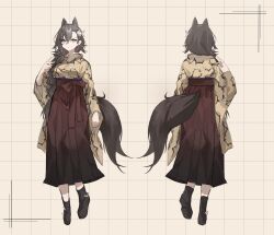 Rule 34 | animal ears, arknights, braid, brown hair, closed mouth, flower, gomago magoma, grid background, hair flower, hair ornament, hair slicked back, hakama, hand up, highres, japanese clothes, kimono, long hair, multiple views, penance (arknights), red hakama, ribbon, single braid, standing, tail, turnaround, wide sleeves, wolf ears, wolf girl, wolf tail, yellow eyes