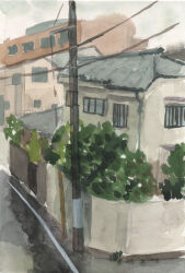 absurdres apartment building day fumeshi highres house no_humans original painting_(medium) path power_lines road sky street traditional_media tree utility_pole watercolor_(medium) white_sky