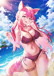 Rule 34 | 1girl, animal ear fluff, animal ears, antenna hair, bikini, blue sky, breasts, brown bikini, cleavage, cloud, collarbone, hakui koyori, highres, hololive, large breasts, long hair, looking at viewer, navel, open mouth, pink hair, sand, sky, smile, solo, stomach, sun, sunlight, swimsuit, tail, thigh strap, virtual youtuber, water, wolf ears, wolf girl, wolf tail, yampa