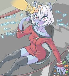 Rule 34 | 1girl, alien, andorian, antennae, black thighhighs, blue skin, chair, cockpit, collarbone, colored skin, commentary, covered navel, dress, embarrassed, english commentary, english text, fangs, hair between eyes, hand in another&#039;s hair, headpat, highres, james tiberius kirk, jarv, off-shoulder dress, off shoulder, open mouth, over-kneehighs, pov, red dress, red eyes, science fiction, short dress, short hair, silver hair, sitting, solo, star trek, starfleet uniform, sweatdrop, thighhighs, trembling, uniform, zettai ryouiki