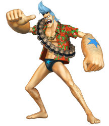 Rule 34 | 1boy, 3d, blue hair, cyborg, franky (one piece), full body, hawaiian shirt, male focus, official art, one piece, one piece: pirate warriors, open mouth, shirt, simple background, solo, standing, tattoo