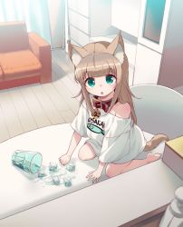 Rule 34 | 1girl, 40hara, :o, animal ears, aqua eyes, barefoot, blonde hair, cat ears, cat girl, cat tail, collar, cup, drinking glass, fang, highres, ice, ice cube, indoors, kinako (40hara), kneeling, long hair, looking at viewer, off shoulder, on table, original, parted lips, animal collar, red collar, shirt, solo, spill, t-shirt, table, tail, white shirt, wooden floor