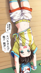 Rule 34 | 1girl, :d, arm support, armband, belt, blue eyes, blush, brown hair, cowboy shot, handstand, hat, highres, hololive, looking at viewer, midriff, navel, oozora subaru, oozora subaru (1st costume), open mouth, shirt, short hair, short sleeves, shorts, smile, solo, striped clothes, striped shirt, summer tail720, thighhighs, tied shirt, translation request, unworn hat, unworn headwear, upside-down, vertical-striped clothes, vertical-striped shirt, virtual youtuber, white shorts, wooden wall, yellow belt
