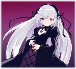 Rule 34 | 00s, 1girl, black dress, blush, cross-laced clothes, dress, expressionless, flower, hairband, kantaro, lolita hairband, long hair, long sleeves, md5 mismatch, parted lips, pink eyes, puffy long sleeves, puffy sleeves, resolution mismatch, rose, rozen maiden, silver hair, solo, source smaller, suigintou, upper body, very long hair