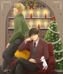Rule 34 | 2boys, armchair, black pants, blonde hair, candle, cat, chair, christmas, christmas ornaments, christmas tree, coat, collared shirt, crossed legs, facing to the side, formal, fullmetal alchemist, green shirt, grey sweater vest, hand on own face, jean havoc, leaning on object, long sleeves, looking at viewer, looking to the side, male focus, mistletoe, multiple boys, necktie, pants, red coat, red necktie, red suit, roy mustang, shelf, shirt, smoking, suit, sweater vest, tsuki oto sena, white cat
