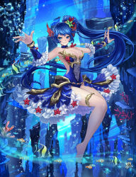 Rule 34 | 1girl, air bubble, angelfish, arms up, backless dress, backless outfit, bad id, bad pixiv id, bare legs, blue dress, blue eyes, blue hair, bracelet, breasts, bridal gauntlets, bubble, choker, cleavage, clownfish, coral, coral hair ornament, dress, fins, fish, freediving, frilled skirt, frills, hair ornament, happyim, head fins, jewelry, large breasts, light smile, long hair, looking at viewer, moorish idol, open hand, original, outstretched arm, pendant, ponytail, skirt, solo, star (symbol), star hair ornament, thigh strap, tropical fish, underwater, very long hair
