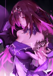 Rule 34 | 1girl, bad id, bad pixiv id, bare shoulders, breasts, caster (lostbelt), cleavage, closed mouth, dress, fate/grand order, fate (series), half-closed eyes, hand up, headpiece, large breasts, long hair, looking at viewer, md5 mismatch, purple dress, purple hair, red eyes, reroi, resolution mismatch, scathach (fate), scathach skadi (fate), sidelocks, smile, solo