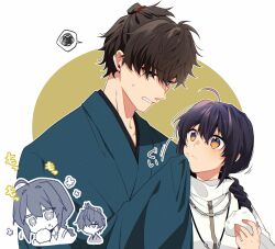 Rule 34 | 1boy, 1other, ahoge, androgynous, black hair, blue kimono, braid, braided ponytail, eating, ebi fly 55, fate/samurai remnant, fate (series), food, food on face, hair intakes, hair over one eye, highres, holding, holding food, japanese clothes, kimono, long hair, miyamoto iori (fate), onigiri, rice, rice on face, sidelocks, simple background, single braid, topknot, wiping face, wiping with clothes, yamato takeru (fate), yellow eyes