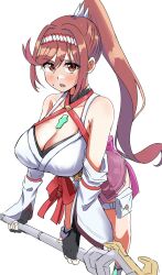 Rule 34 | 1girl, absurdres, bare shoulders, black gloves, blush, bow, breasts, brown hair, chest jewel, cleavage, collarbone, detached sleeves, ereka, fingerless gloves, glimmer (xenoblade), gloves, headband, high ponytail, highres, holding, holding staff, holding weapon, japanese clothes, kimono, large breasts, long hair, looking at viewer, open mouth, pouch, red bow, red hair, simple background, solo, staff, swept bangs, thigh pouch, thigh strap, very long hair, weapon, white background, white kimono, white sleeves, wide sleeves, xenoblade chronicles (series), xenoblade chronicles 3, xenoblade chronicles 3: future redeemed