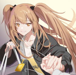 Rule 34 | 2girls, absurdres, black jacket, brown eyes, brown hair, character name, collarbone, commentary request, girls&#039; frontline, gradient background, green pupils, grin, highres, holding hands, jacket, long hair, looking at viewer, mao jian hiko, multiple girls, official alternate costume, scar, scar across eye, smile, solo focus, twintails, ump45 (corona sunset) (girls&#039; frontline), ump45 (girls&#039; frontline), ump9 (bee&#039;s knees) (girls&#039; frontline), ump9 (girls&#039; frontline), upper body, weibo watermark