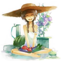 Rule 34 | 1girl, :d, ^ ^, bad id, bad pixiv id, bandaid, bandaid on knee, bandaid on leg, barefoot, braid, brown hair, closed eyes, cucumber, eggplant, facing viewer, flower, food, fruit, hair over shoulder, hat, morning glory, open mouth, original, ron (mosamosa), smile, solo, strap slip, straw hat, sun hat, tomato, twin braids, vegetable, watermelon