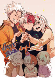 Rule 34 | 1girl, 2boys, aged down, blue eyes, boku no hero academia, brother and sister, brothers, burn scar, cake, confetti, eating, family, food, food on face, fork, fruit, glasses, grey eyes, hand on another&#039;s head, happy birthday, hat, heterochromia, holding, holding fork, holding plate, hug, multicolored hair, multiple boys, open mouth, party hat, plate, red hair, saboten 33, scar, scar on face, siblings, spiked hair, split-color hair, strawberry, strawberry shortcake, todoroki fuyumi, todoroki natsuo, todoroki shouto, twitter username, two-tone hair, white hair