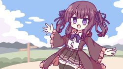Rule 34 | 1girl, belt, black jacket, black leggings, black skirt, blush, bow, brown hair, buttons, cloud, cloudy sky, collared shirt, grass, hair ribbon, highres, hill, jacket, kashimu, leggings, long sleeves, looking at viewer, natsuki karin, open clothes, open jacket, open mouth, pleated skirt, purple bow, ribbon, shirt, signpost, skirt, sky, solo, synthesizer v, twintails, waving, white shirt