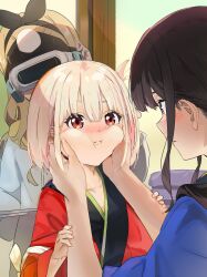Rule 34 | 3girls, aged down, black hair, black ribbon, blonde hair, blue kimono, blush, cheek squash, closed mouth, collarbone, commentary request, eye contact, funi mu9, hair ribbon, head-mounted display, highres, indoors, inoue takina, japanese clothes, kimono, kurumi (lycoris recoil), long hair, looking at another, lycoris recoil, multiple girls, nishikigi chisato, official alternate costume, one side up, purple eyes, red eyes, red kimono, ribbon, short hair, sidelocks