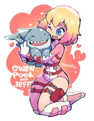 Rule 34 | 1girl, :d, absurdres, animification, belt pouch, blonde hair, blue eyes, blush, bodysuit, boots, character name, character request, gloves, gradient hair, gwenpool, highres, jeff (marvel), kneeling, marvel, multicolored hair, one eye closed, open mouth, pink bodysuit, pink hair, pouch, rariatto (ganguri), shark, smile, thigh strap, twitter username, white footwear, white gloves