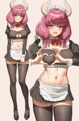 Rule 34 | 1girl, anteiru, apron, aura (sousou no frieren), black thighhighs, blue eyes, braid, breasts, cleavage, cleavage cutout, clothing cutout, crop top, demon girl, demon horns, heart, heart hands, highres, horns, large breasts, long hair, long sleeves, looking at viewer, maid, maid apron, maid headdress, medium breasts, navel, pink hair, pointy ears, solo, sousou no frieren, stomach, thighhighs