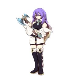 Rule 34 | 1girl, axe, boots, choker, earrings, gradient hair, hololive, hololive indonesia, jewelry, long hair, looking at viewer, moona hoshinova, multicolored hair, off shoulder, purple eyes, purple hair, retayu arth, shirt, simple background, sleeveless, solo, two-tone hair, virtual youtuber, white background