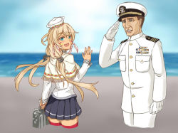 Rule 34 | 1boy, 1girl, aqua eyes, black eyes, blonde hair, briefcase, brown hair, commentary, day, feathers, gloves, hat, holding, holding briefcase, indianapolis (warship girls r), military, military uniform, nicolas cage, peaked cap, real life, salute, sky, theo1227, twintails, uniform, warship girls r, water, white gloves