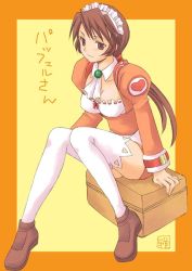 Rule 34 | 1girl, ascot, breasts, brown eyes, brown hair, cleavage, heart, large breasts, legs, long hair, long sleeves, maid headdress, orange shirt, paffel, shirt, sitting, sitting on object, smile, solo, summon night, summon night 2, thighhighs, white thighhighs