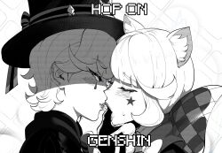 Rule 34 | 1boy, 1girl, after kiss, animal ear fluff, animal ears, blush, brother and sister, cat ears, cat girl, commentary, english commentary, english text, facial mark, finger in another&#039;s mouth, genshin impact, greyscale, hat, hetero, highres, incest, long hair, looking at viewer, lynette (genshin impact), lyney (genshin impact), monochrome, nyantcha, saliva, saliva trail, siblings, star (symbol), star facial mark, top hat