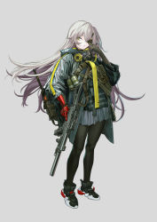 Rule 34 | 1girl, absurdres, armor, bag, black bodysuit, black pantyhose, bodysuit, brown eyes, closed mouth, commentary, eyepatch, gas mask, girls&#039; frontline, grey hair, gun, h&amp;k ump, highres, holding, holding weapon, hood, hooded jacket, jacket, long hair, looking at viewer, mask, mask around neck, mechanical arms, mod3 (girls&#039; frontline), pantyhose, scar, scar on face, scar on mouth, shoes, simple background, single mechanical arm, smoke grenade, sneakers, solo, submachine gun, symbol-only commentary, ump45 (girls&#039; frontline), ump45 (mod3) (girls&#039; frontline), weapon, yitiao er-hua