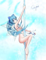 Rule 34 | 1girl, aged up, alternate hair length, alternate hairstyle, barefoot, blue eyes, bow, bow panties, breasts, cirno, female focus, hair bow, hair ornament, hater (hatater), holding, holding clothes, holding panties, holding underwear, ice, ice crystal, ice wings, lace trim, long hair, nude, panties, pole, pole dancing, russian text, side-tie panties, signature, small breasts, smile, snowflakes, solo, stripper, stripper pole, touhou, translated, underwear, unworn panties, very long hair, wings