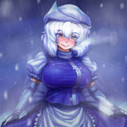 Rule 34 | 1girl, :p, :q, bad id, bad pixiv id, blue hair, blush, breasts, breath, curtsey, dudufedu, elbow gloves, gloves, hat, huge breasts, letty whiterock, looking at viewer, md5 mismatch, naughty face, short hair, smile, snow, solo, tongue, tongue out, touhou, white hair