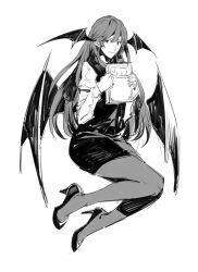 Rule 34 | &gt;:), 1girl, bat wings, book, hugging book, closed mouth, dress shirt, full body, greyscale, head wings, high heels, highres, holding, holding book, juliet sleeves, koakuma, long hair, long sleeves, looking at viewer, low wings, monochrome, hugging object, pantyhose, pencil skirt, pointy ears, puffy sleeves, pumps, ruukii drift, shirt, shoes, simple background, sketch, skirt, skirt set, smile, solo, touhou, v-shaped eyebrows, vest, white background, wings