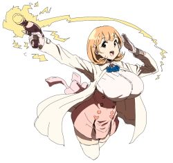Rule 34 | 10s, 1girl, blonde hair, breasts, brown eyes, brown hair, butaneko, coat, covered erect nipples, dress, energy gun, female focus, flower, gloves, gun, hair ornament, hairclip, huge breasts, lab coat, miniskirt, narusawa ryouka, occultic;nine, open clothes, open mouth, orange hair, ray gun, short hair, simple background, skirt, smile, solo, thighhighs, weapon, white background, white gloves, white thighhighs