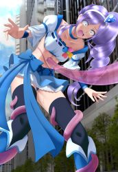 Rule 34 | 1girl, aono miki, bandeau, black thighhighs, blue choker, blue panties, blue skirt, blue sky, boots, breasts, building, choker, city, cloud, cloudy sky, collarbone, cure berry, damaged, day, fresh precure!, hair ornament, hairband, heart, heart hair ornament, highres, hyu-ryona, navel, panties, precure, punching, purple hair, restrained, ryona, saliva, short sleeves, skirt, sky, small breasts, solo, stomach punch, tentacles, thighhighs, underwear