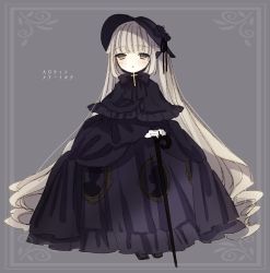 Rule 34 | .live, 1girl, animal ears, black bow, black bowtie, black dress, black footwear, blonde hair, blush, bow, bowtie, cane, capelet, character name, commentary, cross, dress, frills, full body, gothic lolita, green eyes, grey background, highres, lolita fashion, long hair, long sleeves, looking at viewer, merry milk, milk merry, open mouth, simple background, solo, symbol-only commentary, very long hair, virtual youtuber, wide sleeves
