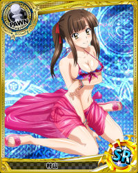 Rule 34 | 10s, 1girl, argyle, argyle background, argyle clothes, artist request, bracelet, breasts, brown eyes, brown hair, card (medium), character name, chess piece, covered erect nipples, hair ribbon, halftone, halftone background, high school dxd, jewelry, large breasts, magic circle, murayama (high school dxd), official art, pawn (chess), ribbon, solo, swimsuit, trading card, twintails