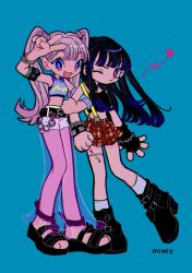 Rule 34 | :3, annoyed, aqua background, arm grab, arm up, arm warmers, armlet, arms at sides, artist name, belt, black belt, black footwear, black gloves, black hair, black shirt, blue eyes, blue hair, blunt bangs, boots, bracelet, bright pupils, chain, chain bracelet, clenched hand, colored tips, crop top, detached sleeves, dot nose, double-parted bangs, fingerless gloves, frown, full body, gloves, hair flaps, happy, highres, jewelry, leg tattoo, locked arms, looking at another, looking at viewer, mi-mi-o, midriff, multicolored hair, multiple bracelets, one eye closed, open mouth, original, pink hair, plaid, plaid skirt, red eyes, red skirt, sandals, see-through, see-through skirt, shirt, shorts, simple background, single arm warmer, single detached sleeve, single glove, skirt, sleeveless, socks, standing, standing on one leg, star (symbol), strap, studded bracelet, tattoo, three quarter view, twintails, two-tone eyes, v, white pupils, white shorts, white socks, wispy bangs