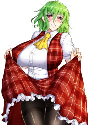 Rule 34 | 1girl, absurdres, angry, black pantyhose, blush, bow, bowtie, breasts, clenched teeth, clothes lift, collared shirt, green hair, highres, huge breasts, kazami yuuka, lc 7v2, lifting own clothes, looking at viewer, pantyhose, parted lips, plaid, plaid skirt, plaid vest, red eyes, shiny clothes, shirt, short hair, simple background, skirt, skirt lift, solo, standing, teeth, touhou, vest, white background, white shirt, yellow bow, yellow bowtie