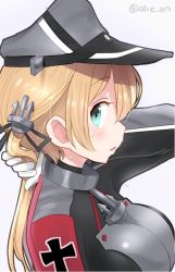 Rule 34 | 1girl, ahenn, anchor, anchor hair ornament, aqua eyes, blonde hair, blush, breasts, cross, from side, gloves, grey background, hair ornament, hat, iron cross, kantai collection, long hair, long sleeves, low twintails, military, military hat, military uniform, open mouth, peaked cap, prinz eugen (kancolle), simple background, solo, sweat, twintails, twitter username, uniform, upper body, white gloves