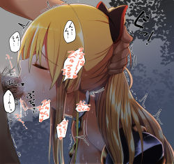 Rule 34 | 10s, 1girl, bare shoulders, blonde hair, blush, bow, choker, cum, cum in mouth, deepthroat, closed eyes, fellatio, forced, from side, granblue fantasy, hair bow, hand on another&#039;s head, irrumatio, izumi arima, long hair, oral, penis, ponytail, profile, pubic hair, solo focus, sweat, throat bulge, uncensored, vira (granblue fantasy)