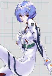 Rule 34 | 1girl, absurdres, ayanami rei, blue hair, bodysuit, breasts, commentary request, covered erect nipples, derivative work, feet out of frame, from side, hair between eyes, highres, interface headset, looking at viewer, neon genesis evangelion, plugsuit, red eyes, short hair, sitting, skin tight, small breasts, solo, tena (tena 0711), white bodysuit
