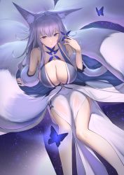 Rule 34 | 1girl, animal ear fluff, animal ears, azur lane, bare shoulders, blue eyes, blush, breasts, bug, butterfly, butterfly on hand, cleavage, dress, fox ears, fox girl, grey hair, hair ornament, halter dress, halterneck, hand up, highres, huge breasts, insect, itaco, japanese clothes, kimono, kitsune, large tail, long hair, looking at viewer, mole, mole under eye, multiple tails, off shoulder, shinano (azur lane), shinano (dreams of the hazy moon) (azur lane), sitting, solo, tail, very long hair