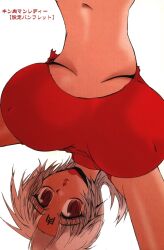 Rule 34 | 1girl, antenna hair, breast focus, breasts, highres, kinnikuman, kinnikuman lady, kinnikuman lady (character), large breasts, looking at viewer, medium hair, navel, ogawa masashi, open mouth, red shirt, shirt, solo, translation request, white background, white hair, wide hips