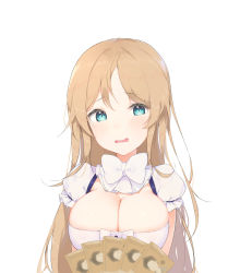 Rule 34 | 1girl, aak, absurdres, bad id, bad pixiv id, blue eyes, blurry, blurry foreground, blush, bow, breasts, character request, cleavage, commission, depth of field, dress, dungeon and fighter, highres, large breasts, light brown hair, long hair, looking at viewer, money, open mouth, puffy short sleeves, puffy sleeves, short sleeves, simple background, solo, upper body, white background, white bow, white dress