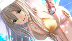 Rule 34 | 1girl, bare shoulders, bikini, blue archive, blush, breasts, cleavage, collarbone, green eyes, hat, highres, large breasts, leaning forward, long hair, looking at viewer, lotion bottle, nonomi (blue archive), nonomi (swimsuit) (blue archive), open mouth, solo, sun hat, swimsuit, thighs, totororo, white hat, yellow bikini